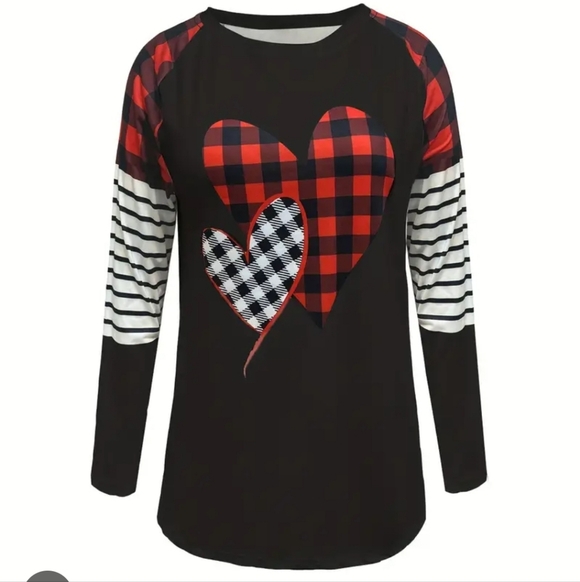 Tops - Black Long Sleeve Top with Red and White Heart Design